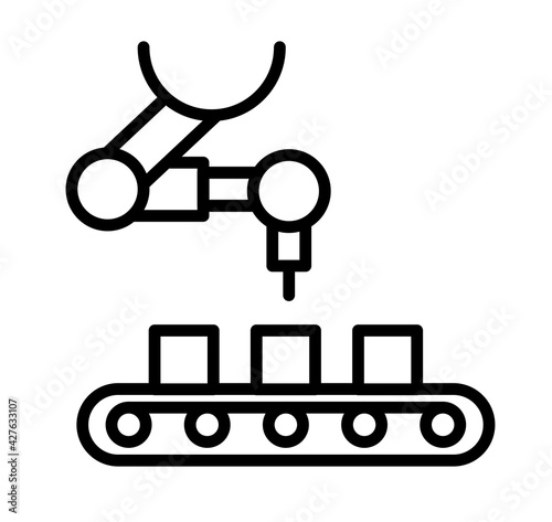 Robot working at conveyor belt icon in outline design. Vector illustration, clip art, black and white.