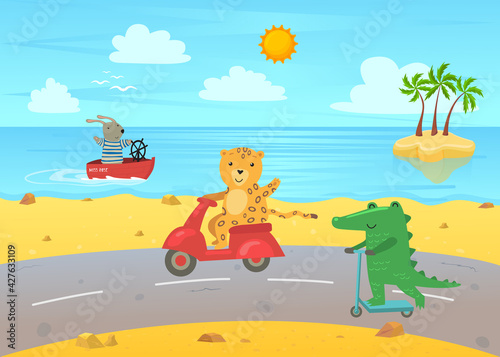 Cartoon animals on transport on summer background. Cute bunny, crocodile and tiger characters riding on boat, moped and kick scooter, seaside illustration. Travelling, vacation, transport concept