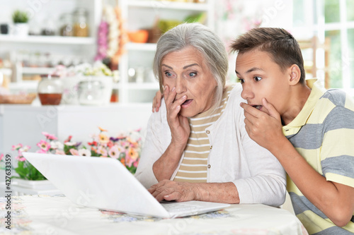 grandmother with her grandson using laptop at home