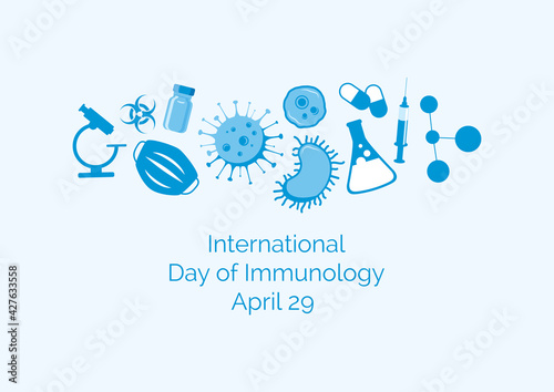 International Day of Immunology vector. Scientific and medical equipment blue icon set vector. Cells and bacteria vector. Day of Immunology Poster  April 29. Important day
