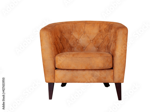 Orange armchair isolated on white. Modern furniture. Soft orange leather armchair on white background