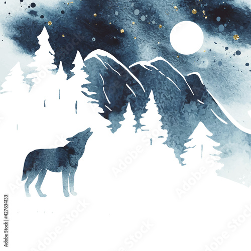 Watercolor vector landscape in blue and white colors. Sketch of a mountains, forest and wolf under night sky. Silhouette of wolf howling at the full moon
