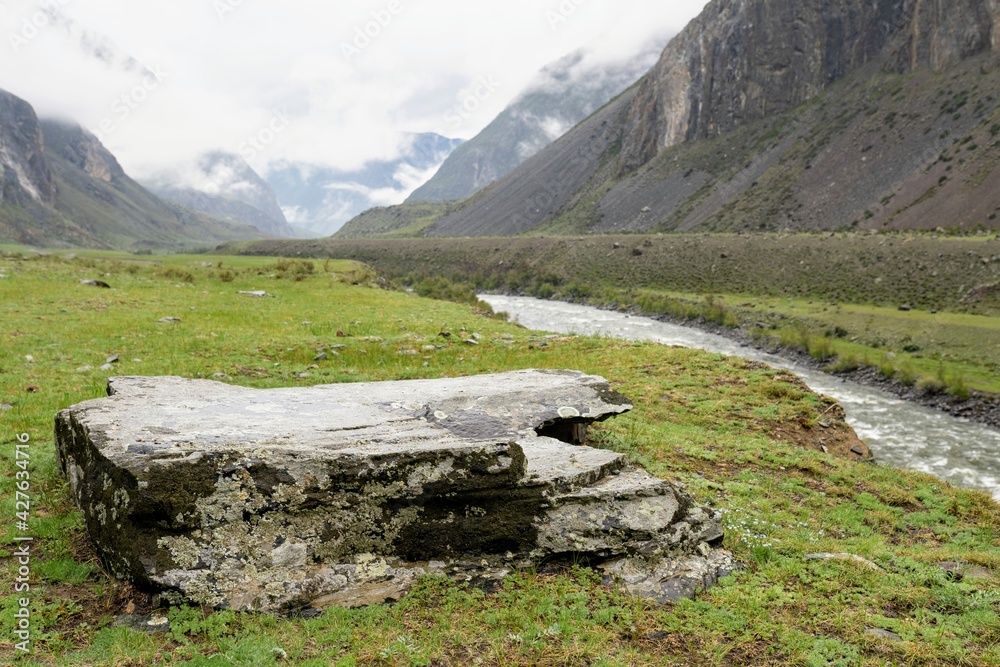 Stone table for your product montage in the mountains