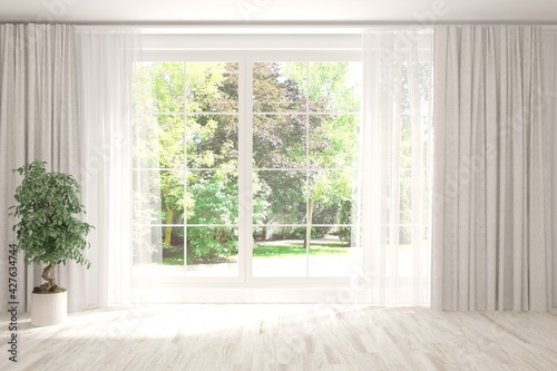 White empty room with summer landscape in window. Scandinavian interior design. 3D illustration