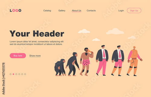 Human evolution to robot line. Primate monkey, ancestor, caveman, business man, man with bionic limb, cyborg. Vector illustration for anthropology, intelligence development concept