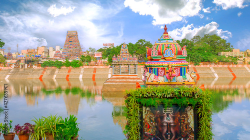 A beautiful shot of Gayetri Temple and behind we can see Sri Kapaleeshwarar Temple, Chennai, India
