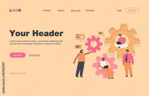 Team of engineers working on mechanism together, using laptop, talking, sitting in gears, writing codes. Vector illustration for teamwork, engineering, technology concept