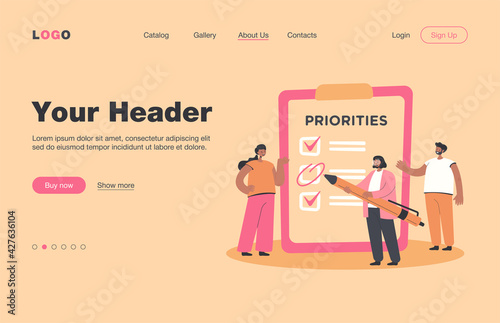 Business team planning work, making to do list, working together, discussing progress. Manager prioritizing tasks in checklist. Vector illustration for agenda, management, teamwork concept