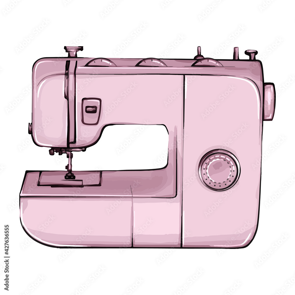 Hand-drawn sewing machine retro sketch for your design. A modern illustration of a sewing machine on a white background. Purple sewing machine beautiful illustration. sewing machine front view