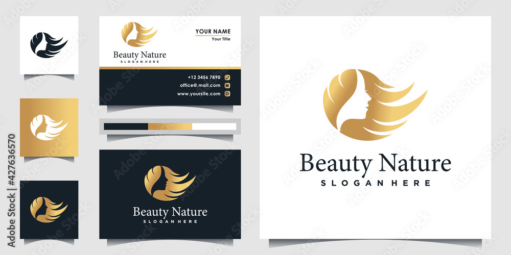 Woman hair salon logo with golden gradient colour style and business card design for beauty salon Premium Vector Woman hair salon logo with golden gradient colour style and business card design for beauty salon Premium Vector