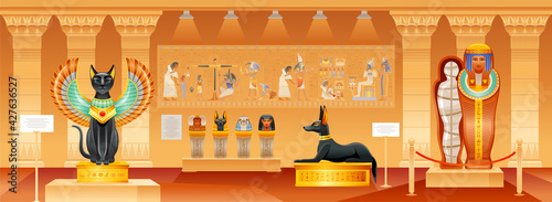 Ancient Egyptian museum. Egypt pharaoh vector illustration with historical pyramid interior. Mummy, old tomb with cat, dog statue, artwork gallery hall with cairo civilization objects. Cartoon museum