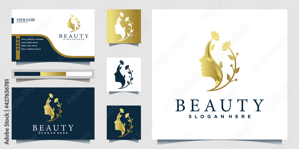 Woman logo with beauty gradient golden colour concept and business card design. Premium Vector