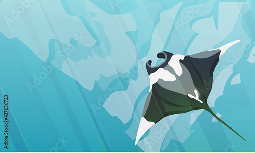 Giant oceanic manta ray floats in sea water. Manta rays Mobula birostris top view. Realistic vector seascape