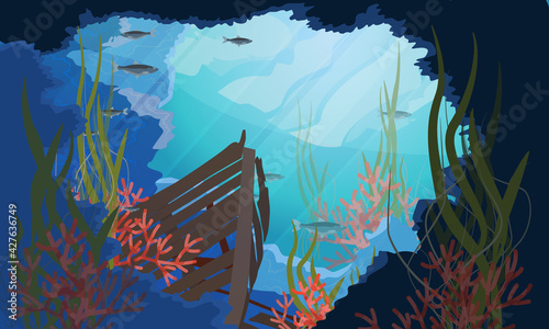 The sunken ship lies near the entrance to the underwater cave. Sea or ocean floor with red and green algae, corals and fish. Realistic vector seascape landscape