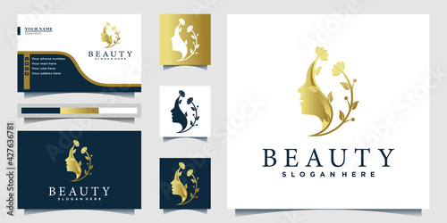Woman logo with beauty gradient golden colour concept and business card design. Premium Vector