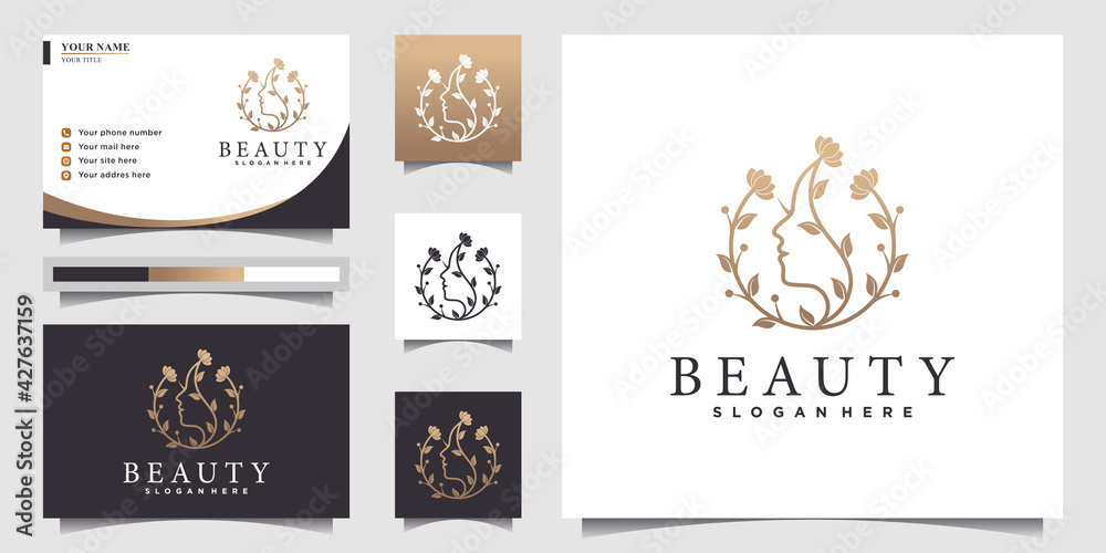 Woman logo with beautiful woman face concept with floral line art style circle shape dan business card design Premium Vector Woman logo with beautiful woman face concept with floral line art style circle shape dan business card design Premium Vector
