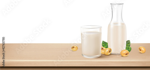 Soy milk with glass of milk and Bottle mock up isolated on white background. Realistic vector in 3D elements.