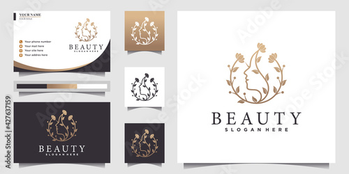 Woman logo with beautiful woman face concept with floral line art style circle shape dan  business card design Premium Vector