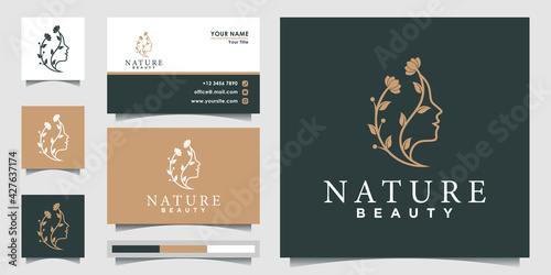 Natural Beautiful woman's face flower logo with line art style concept and business card design for beauty salon Premium Vector