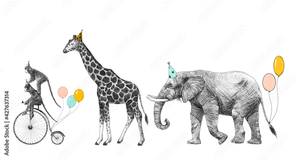 Beautiful image with safari animal birthday party. Monkey on bike giraffe and elephant with baloons. Stock illustration - obrazy, fototapety, plakaty 