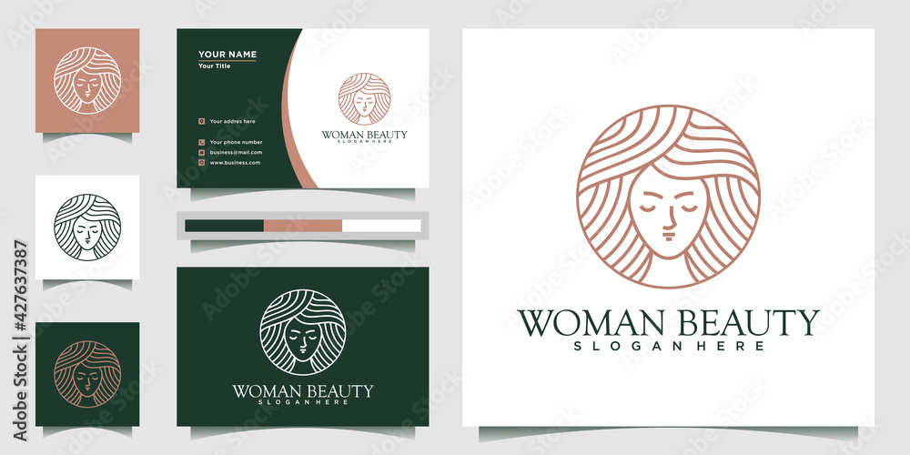Woman logo with circle line art style and business card design template ...