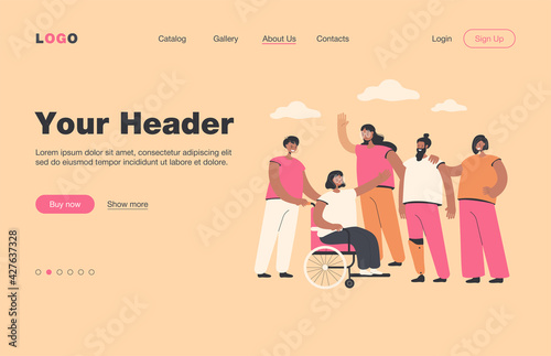 Smiling volunteers helping disabled people isolated flat vector illustration. Cartoon character giving support for handicapped men and women. Volunteering, assistance and disability concept