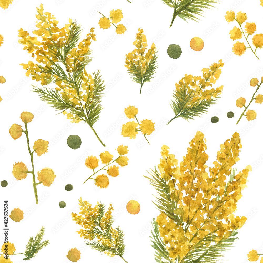 Seamless watercolor mimosa pattern with green leaves and yellow branches on white background. Hand-drawn floral illustration for textile, wallpapers, fabric and wrapping paper.