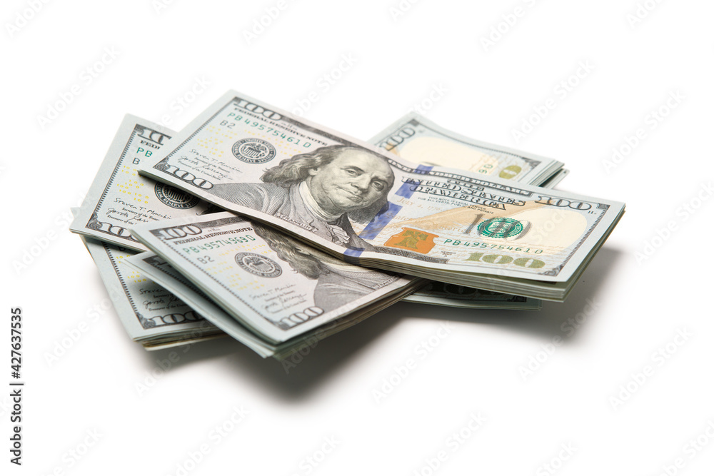 New design US Dollar bills bundles stack on white background New design US Dollar bills bundles stack on white background