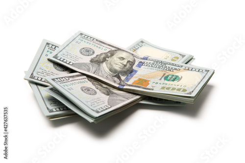 New design US Dollar bills bundles stack on white background