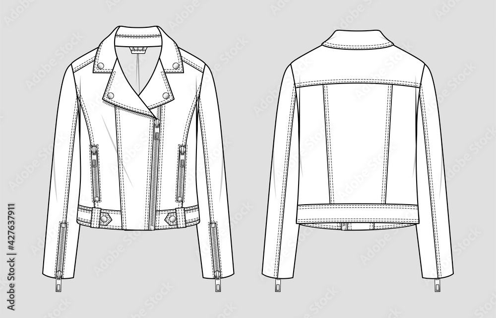 Women's leather biker jacket. Fashion sketch. Flat technical drawing. Vector  illustration. Stock Vector | Adobe Stock