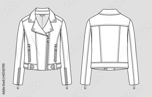 Women's leather biker jacket. Fashion sketch. Flat technical drawing. Vector illustration.