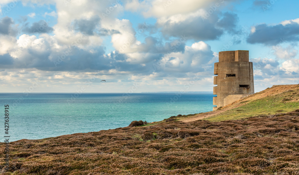 WWII concrete nazi naval tower on the seashore, Saint Quen, bailiwick of Jersey, Channel Islands