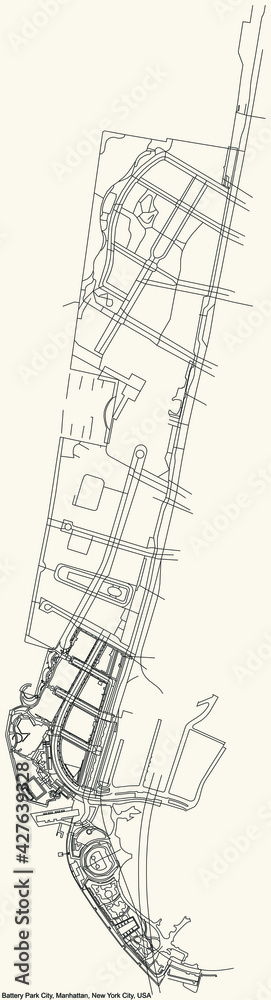 Obraz premium Black simple detailed street roads map on vintage beige background of the quarter Battery Park City neighborhood of the Manhattan borough of New York City, USA