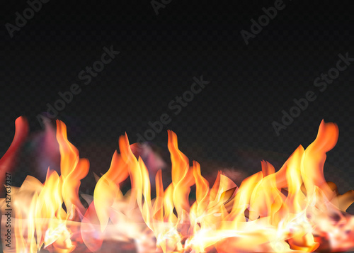Translucent fire flames and sparks with horizontal repetition on transparent background. For used on dark illustrations. Transparency only in vector format