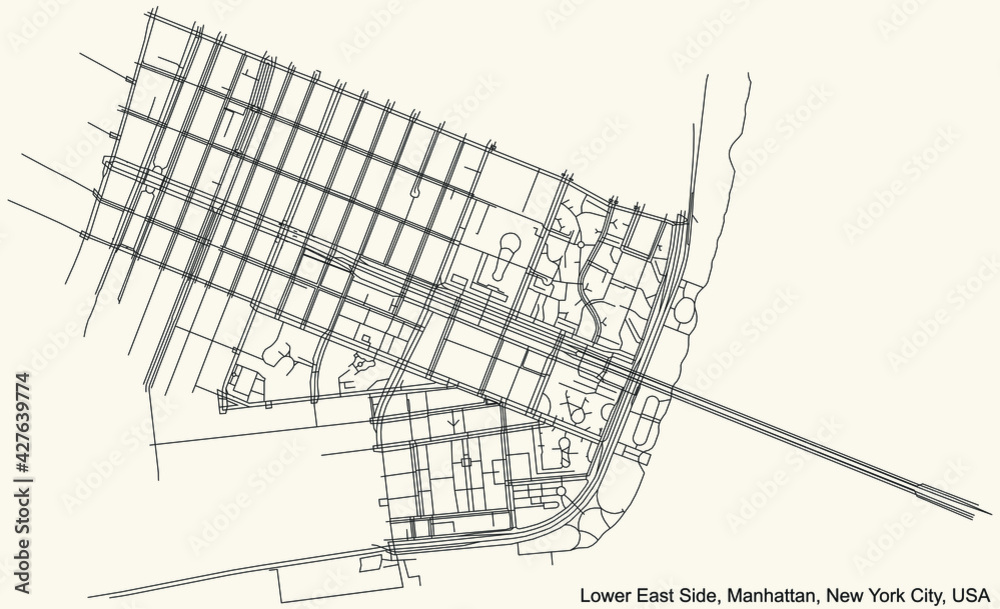 Black simple detailed street roads map on vintage beige background of the quarter Lower East Side neighborhood of the Manhattan borough of New York City, USA