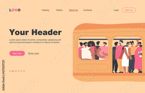 Commuting, transport and overpopulation concept. Crowd of passengers traveling by subway train, standing tight in overcrowded carriage. Flat vector illustration