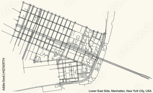 Black simple detailed street roads map on vintage beige background of the quarter Lower East Side neighborhood of the Manhattan borough of New York City, USA