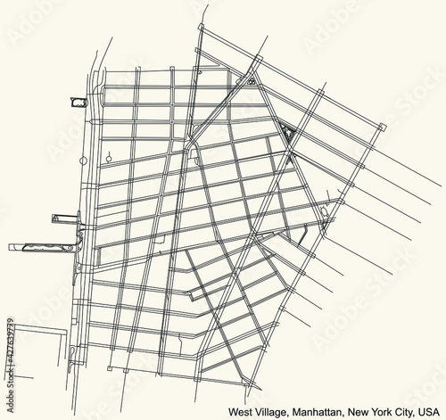 Black simple detailed street roads map on vintage beige background of the quarter West Village neighborhood of the Manhattan borough of New York City, USA