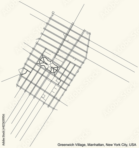 Black simple detailed street roads map on vintage beige background of the quarter Greenwich Village neighborhood of the Manhattan borough of New York City, USA