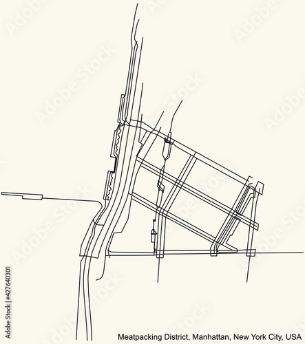 Black simple detailed street roads map on vintage beige background of the quarter Meatpacking District neighborhood of the Manhattan borough of New York City, USA