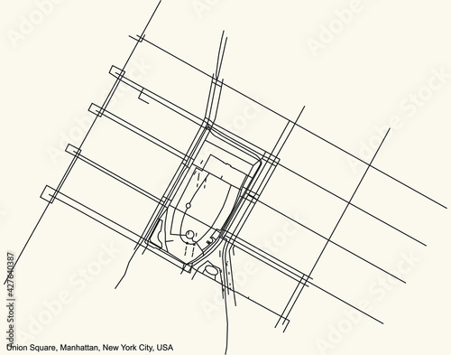 Black simple detailed street roads map on vintage beige background of the quarter Union Square neighborhood of the Manhattan borough of New York City, USA