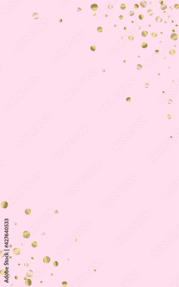 Golden Round Golden Pink Background. Shiny Polka Postcard. Bronze Confetti Bright Invitation. Circle Vector Texture.
