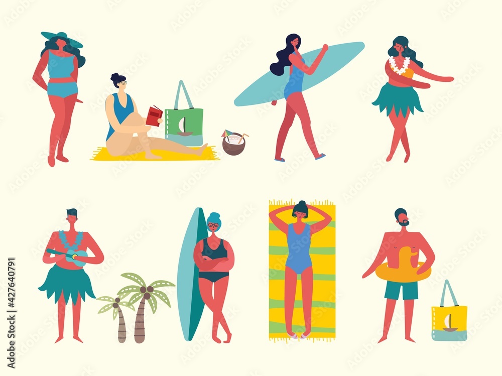 Set of different vector summer people and icons