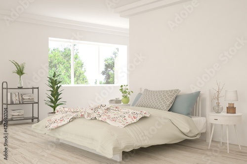 Stylish bedroom in white color with summer landscape in window. Scandinavian interior design. 3D illustration