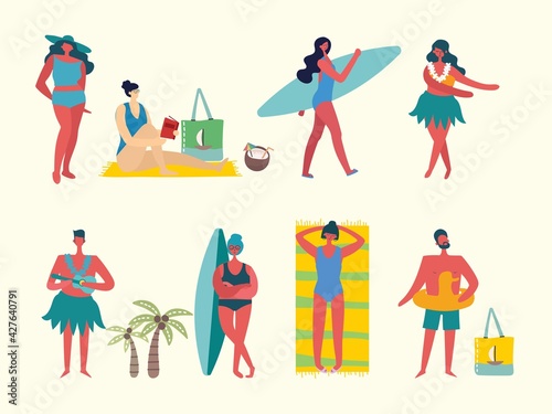 Set of different vector summer people and icons