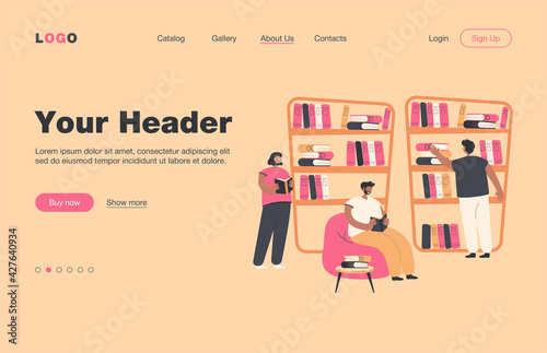 People sitting at bookshelves and reading books in bookstore. Students studying in library. Vector illustration for knowledge, bookworm, literature, education concept