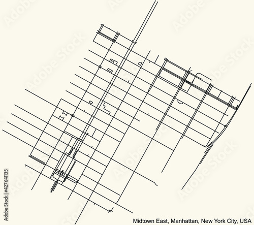 Black simple detailed street roads map on vintage beige background of the quarter Midtown East neighborhood of the Manhattan borough of New York City, USA