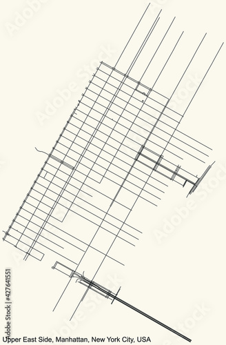 Black simple detailed street roads map on vintage beige background of the quarter Upper East Side neighborhood of the Manhattan borough of New York City, USA