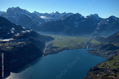 View over the Walensee from Amden in Switzerland 21.2.2021