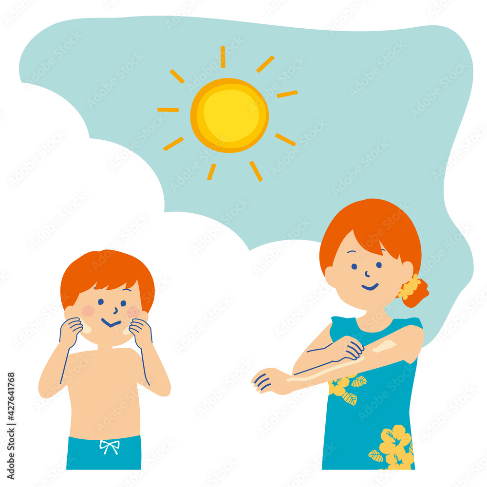 日焼け止めを塗る水着の子供と女性のイラスト Stock Vektorgrafik Adobe Stock